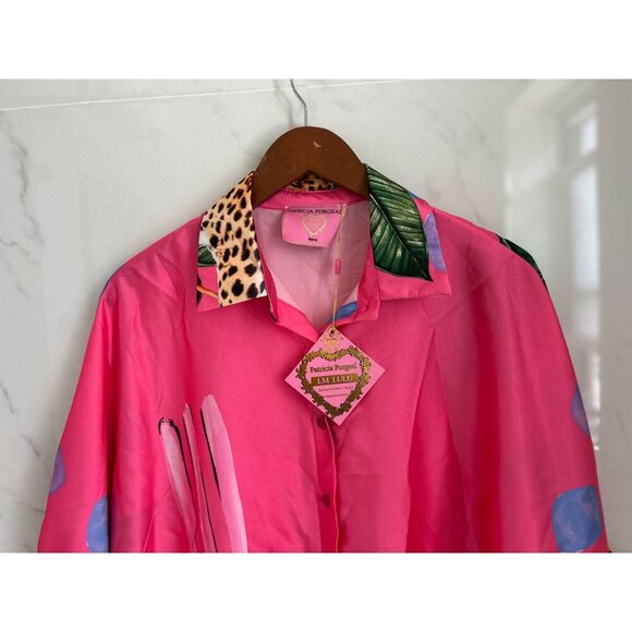 Patricia Forgeal LM Lulu Pink Button-Up Shirt With Jungle Safari Print Leopard & - Picture 6 of 11